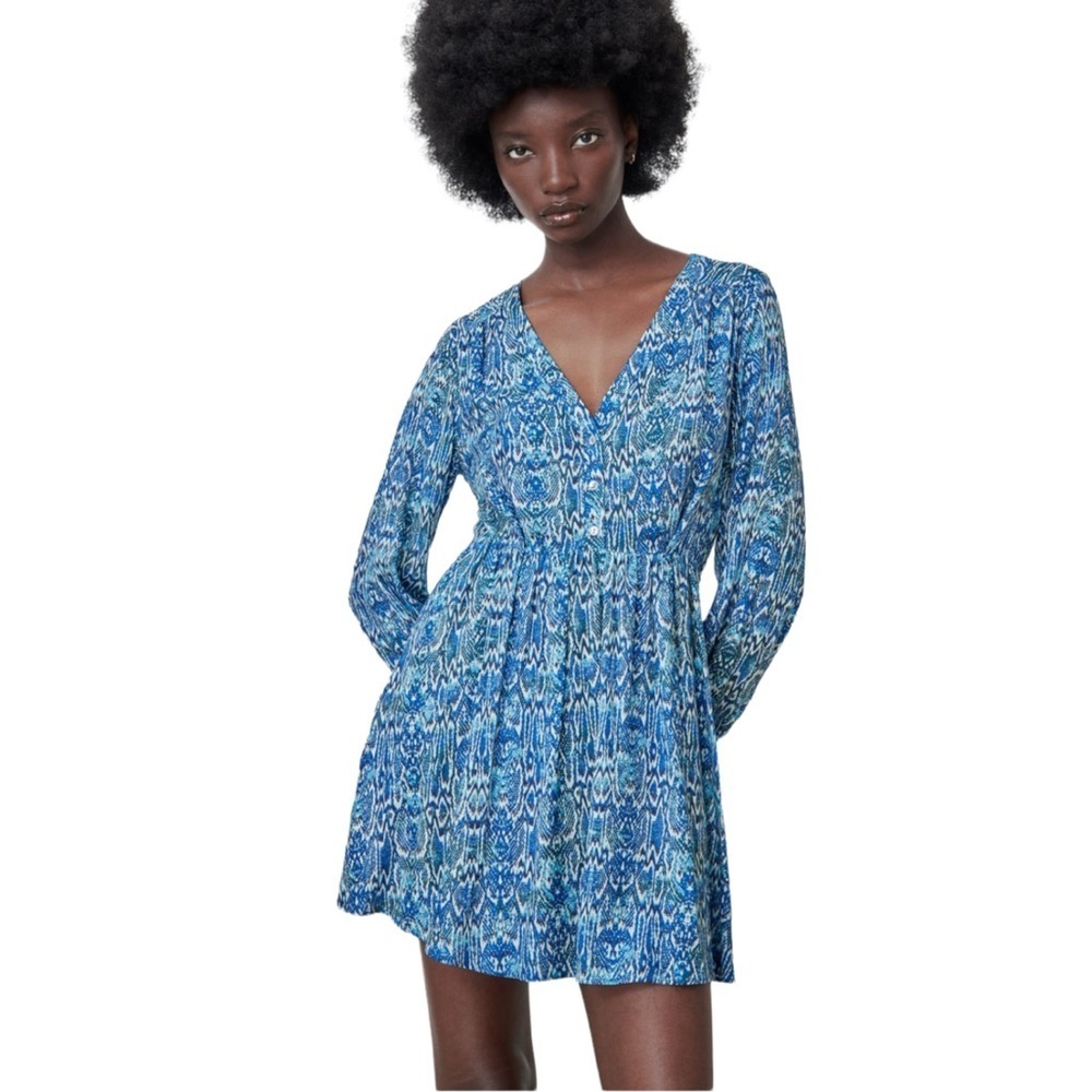 Zara Womans Size L Dress V Neck Long Sleeve A Line Boho Blue White Animal Print